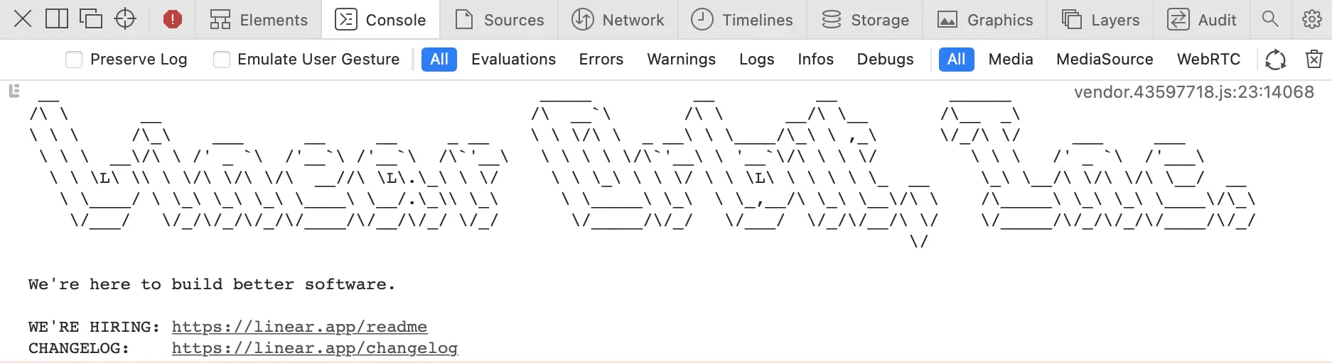 console on linear's webapp